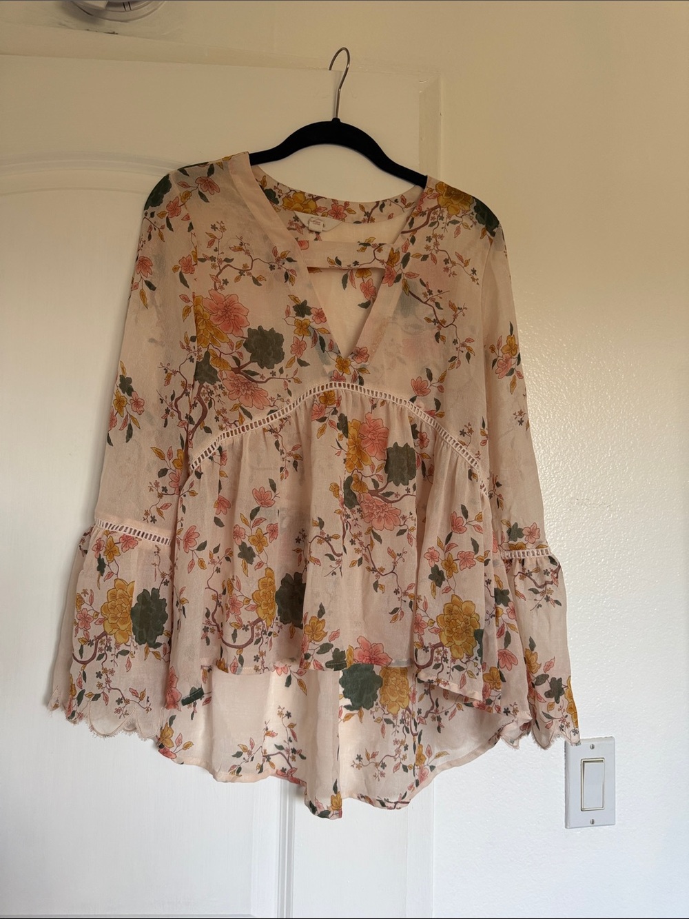 Sun & Shadow Floral V-Neck Peasant Blouse - Pink, Cream, Mustard, Olive